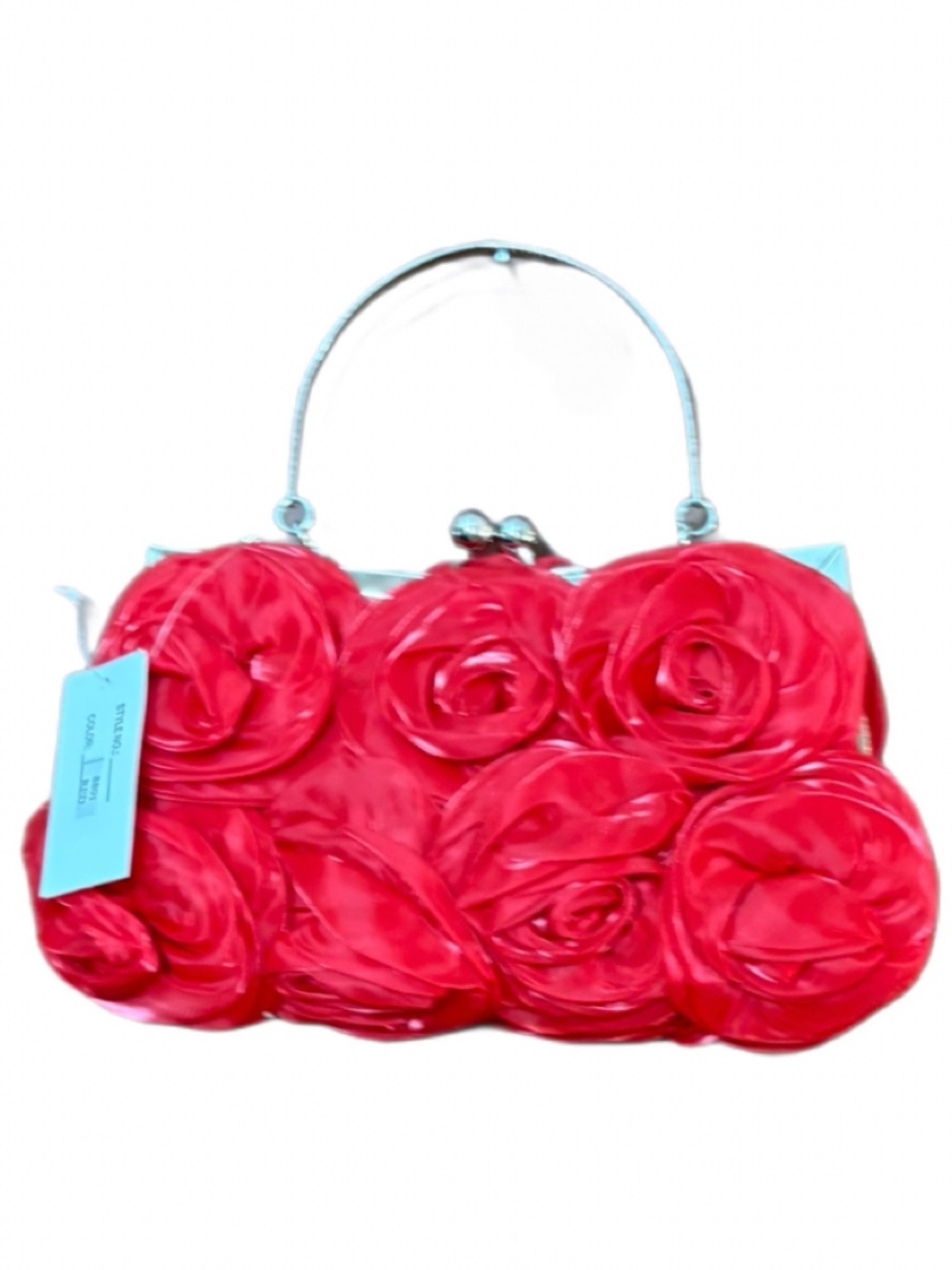 Helen Heart Red Rosette Formal Evening Bag NWT Silver Handle Chain Strap - Picture 2 of 8